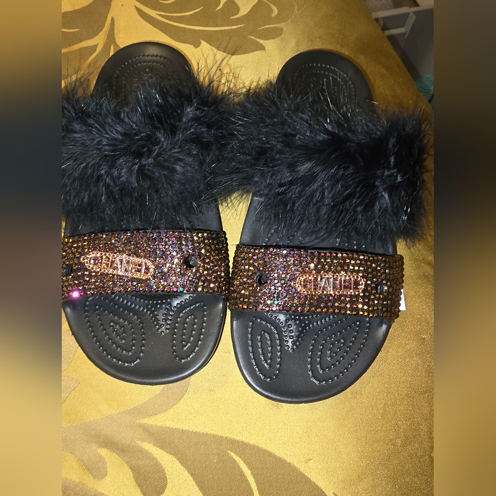 Size 11 crocs slides black with rose gold bling